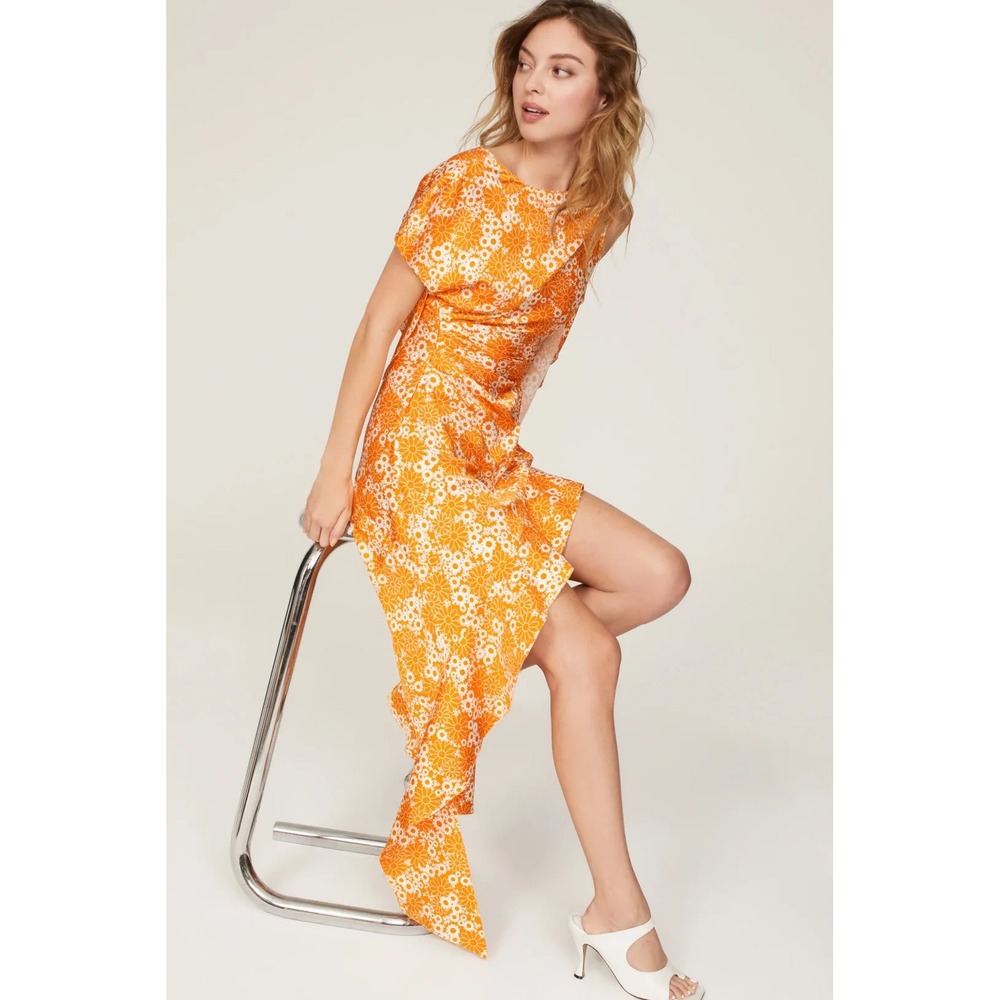 Commission Snipped Daisy Floral Asymmetric Ruched Dress Size 4 - Picture 2 of 10